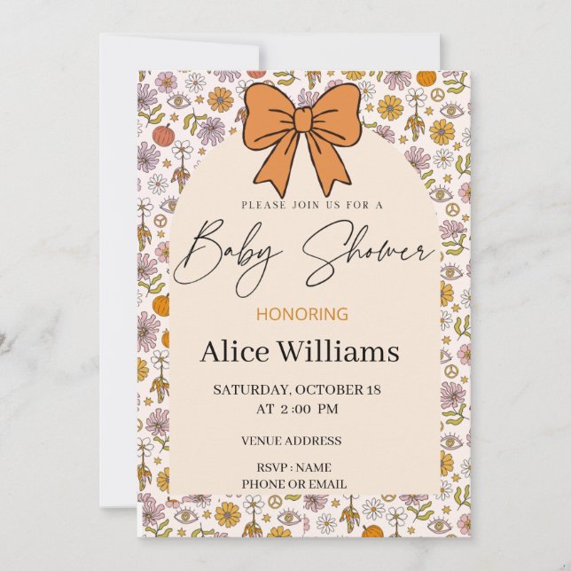 Personalized Boho Floral Bow Baby Shower Invite (Front)