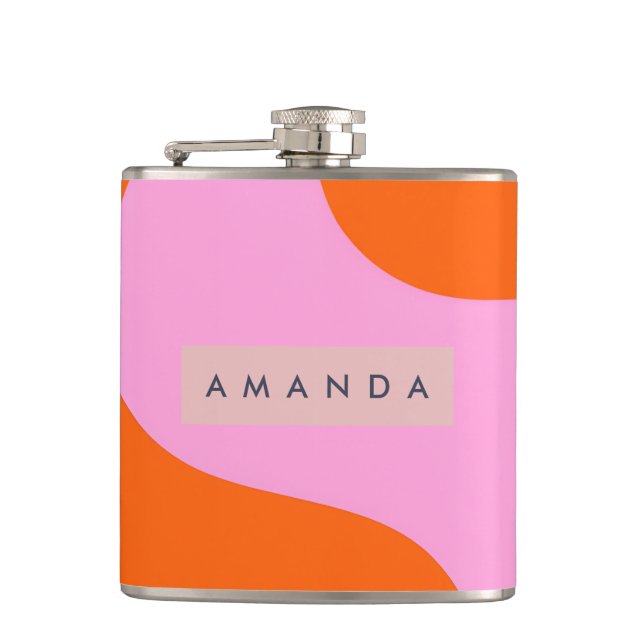 Personalized Bold Orange and Pink Wave Stripe Hip Flask (Front)