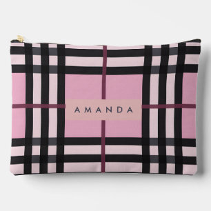 Personalized Bold Pink & Black Plaid Pattern Accessory Pouch