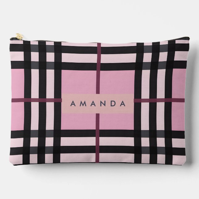 Personalized Bold Pink & Black Plaid Pattern Accessory Pouch (Front)