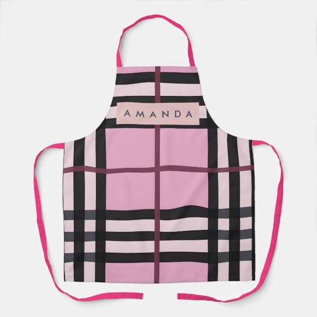 Personalized Bold Pink & Black Plaid Pattern Apron (Front)