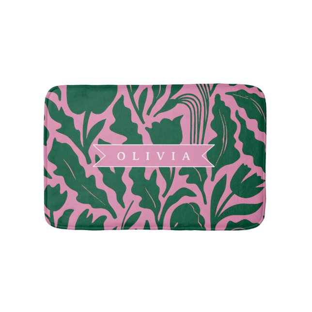 Personalized Bold Pink Botanical Floral Name Gift Bath Mat (Front)