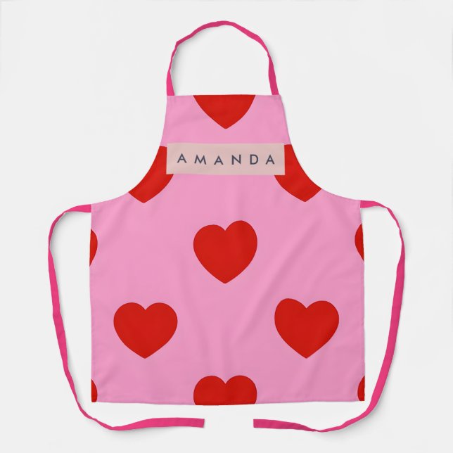 Personalized Bold Red Hearts on Soft Pink Apron (Front)