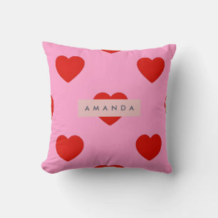 Personalized Bold Red Hearts on Soft Pink Cushion