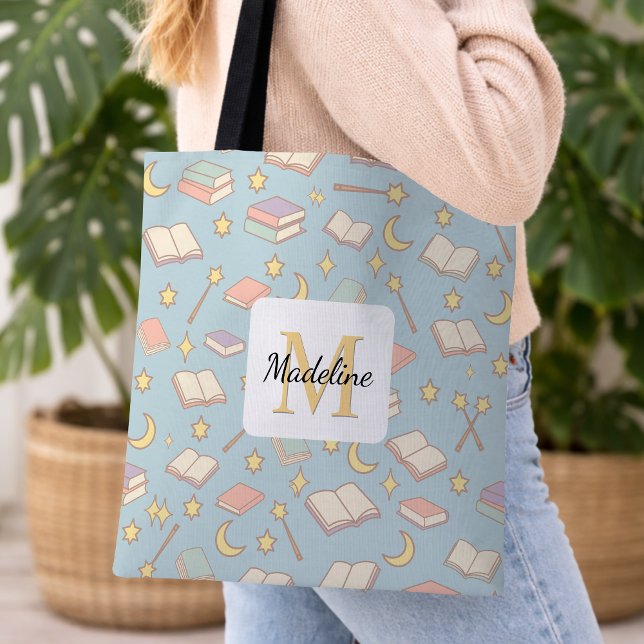Personalized Bookish Girl Cute Magic Name Blue Tote Bag (Creator Uploaded)
