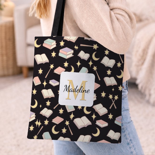 Personalized Bookish Girl Cute Magic Name Dark Tote Bag (Creator Uploaded)