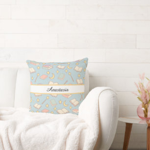 Personalized Bookish Girl Wizard Magic Name Blue Cushion