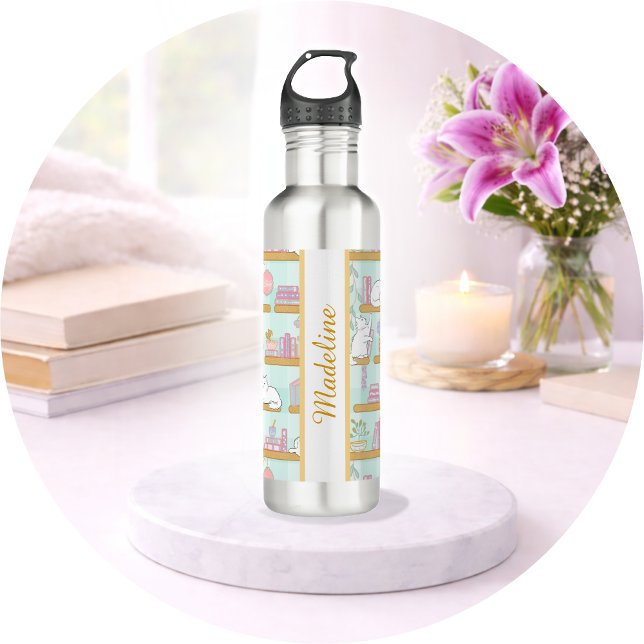 Personalized Bookish Girly Cat Library Name Green 710 Ml Water Bottle (Creator Uploaded)