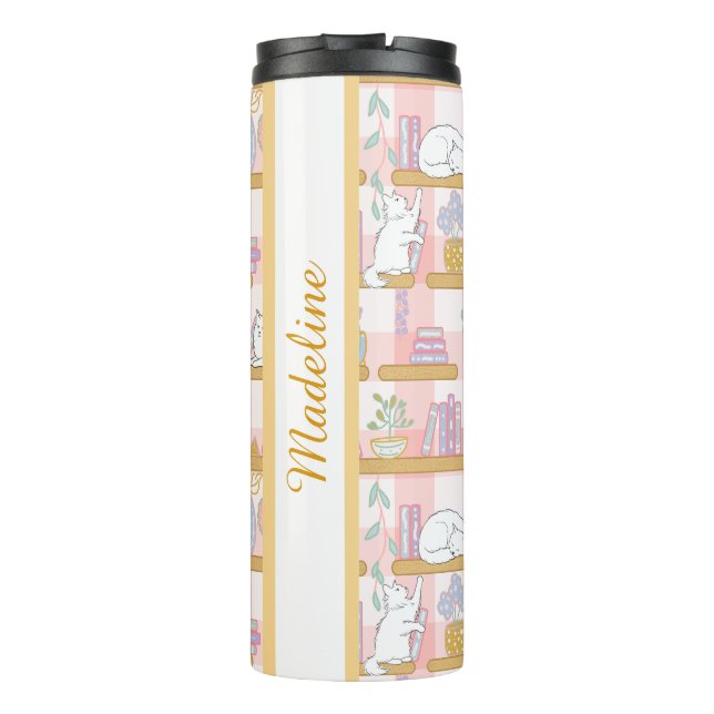 Personalized Bookish Girly Pink Cute Cat Name Thermal Tumbler (Back)