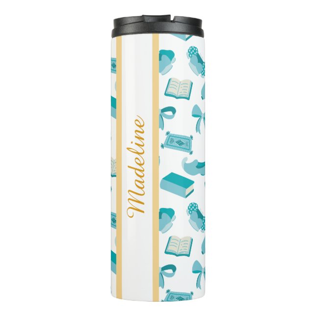 Personalized Bookish Girly Teal Cute Bow Name  Thermal Tumbler (Back)