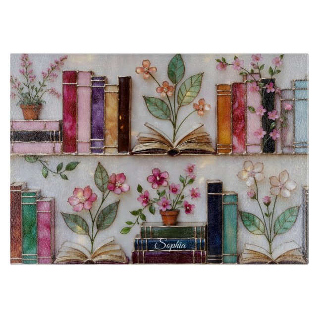 Personalized Bookshelf Floral Cutting Board Gift (Front)