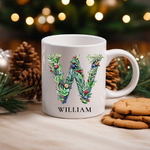 Personalized Botanical Christmas Monogram Letter W Coffee Mug