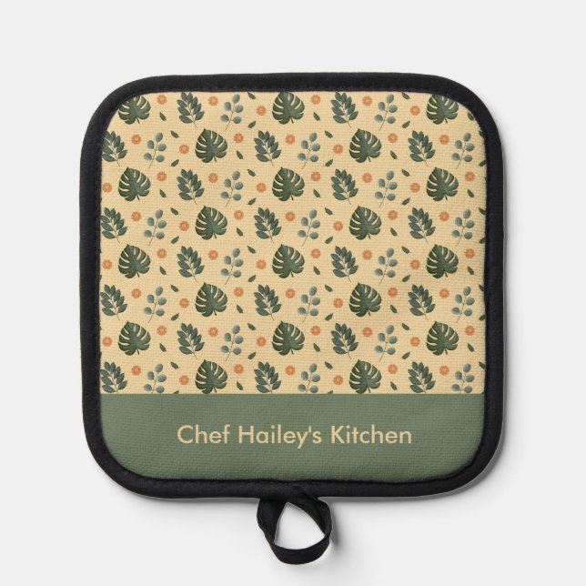 Personalized Botanical Name Cream and Sage Green Pot Holder (Front)