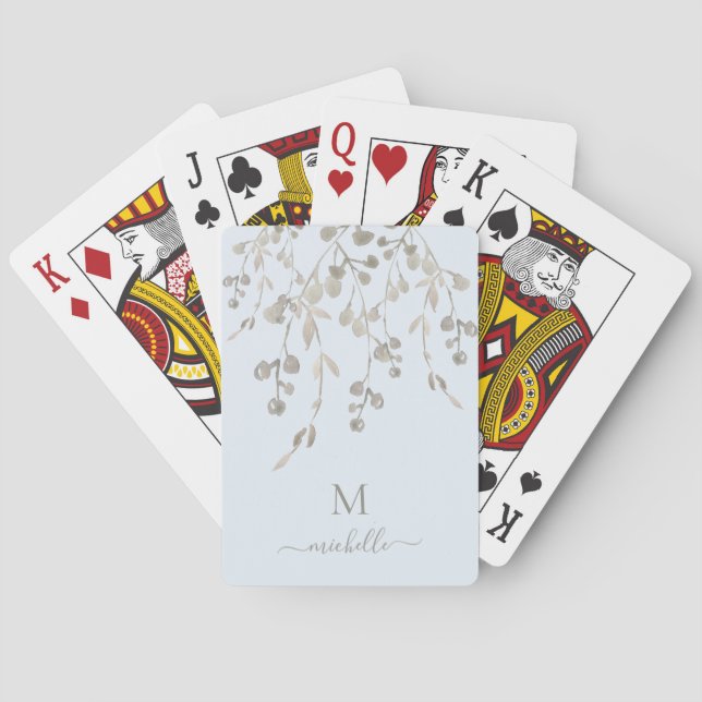 Personalized Botanical Watercolor Monogram Blue Playing Cards (Back)