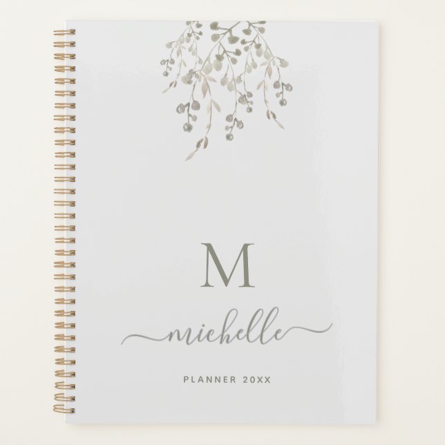 Personalized Botanical Watercolor Monogram Gray Planner (Front)