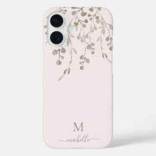 Personalized Botanical Watercolor Monogram Pink iPhone 16 Case