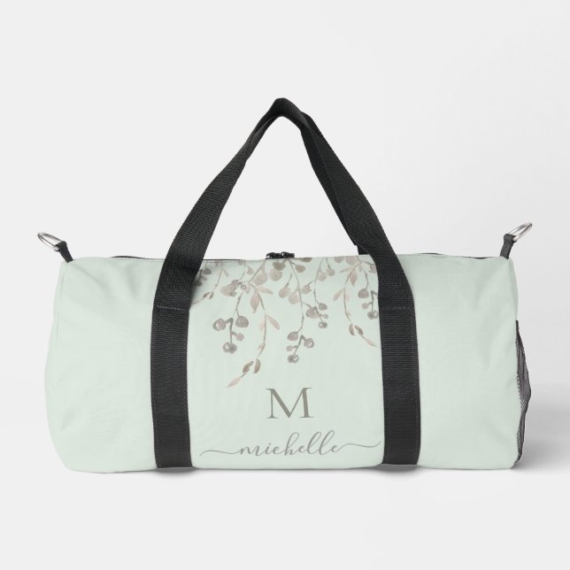 Personalized Botanical Watercolor Monogram Sage Duffle Bag (Front)