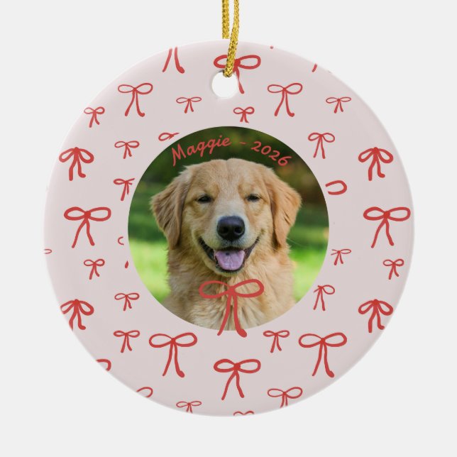 Personalized Bow Pattern Pet Photo Ornament  (Front)