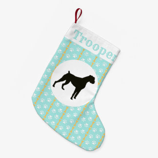 Personalized Boxer Dog Aqua Paw And Bone Pattern Small Christmas Stocking