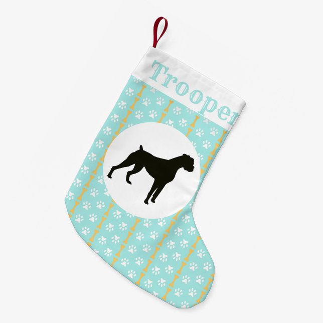 Personalized Boxer Dog Aqua Paw And Bone Pattern Small Christmas Stocking (Front (Hanging))