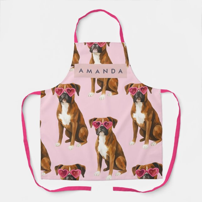 Personalized Boxer Dog with Pink Heart Glasses Apron (Front)