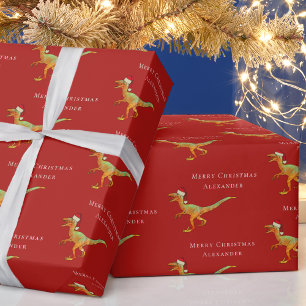 Personalized Boy Name Christmas Dinosaur Raptor Wrapping Paper