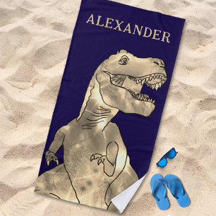 Personalized Boy Name Dinosaur Navy Blue Beach Towel