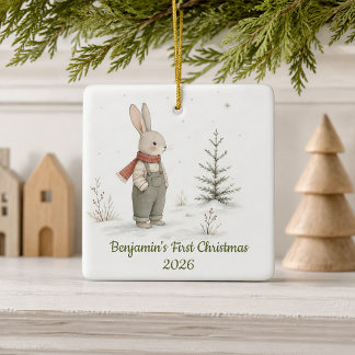 Personalized Boy Rabbit First Christmas Ceramic Ornament