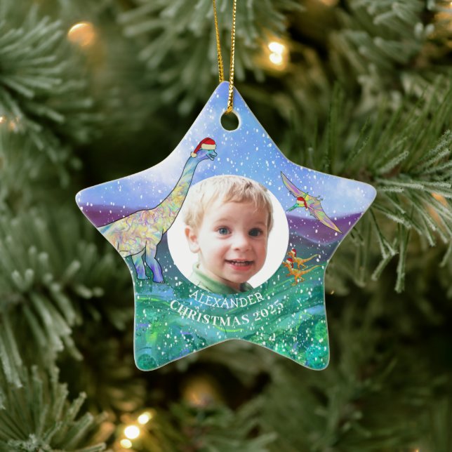Personalized Boys Dinosaur Christmas Photo Ceramic Ornament (Tree)