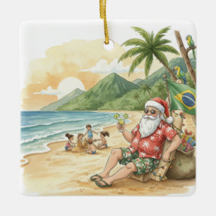 Personalized Brazilian Santa on Beach Christmas Ceramic Ornament