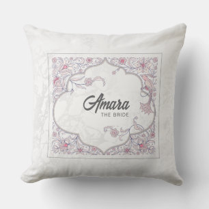 Personalized Bride Cushion Blue Arabesque Floral