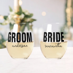 Personalized Bride & Groom Name Stemless Wine Glass