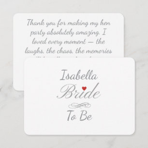Personalized Bride To Be, Custom Name Hen Party Thank You Card