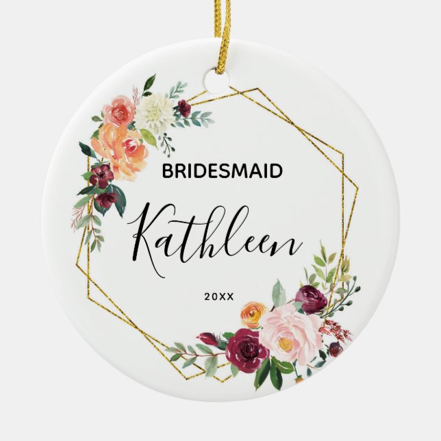 Personalized Bridesmaid Floral Gift Ceramic Ornament (Front)