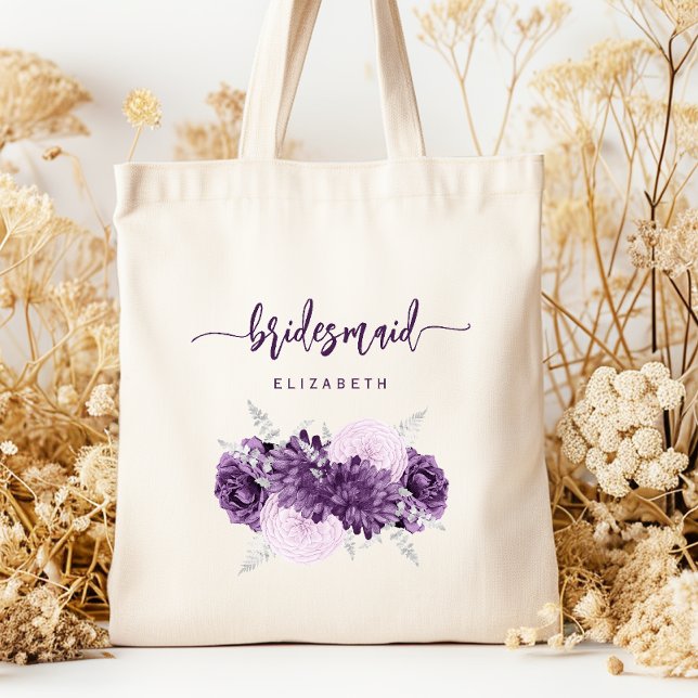 Personalized Bridesmaid Floral Purple Lilac Silver Tote Bag (Creator Uploaded)