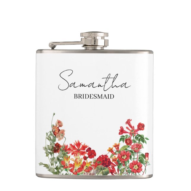 Personalized Bridesmaid Red Floral Wedding Hip Flask (Front)