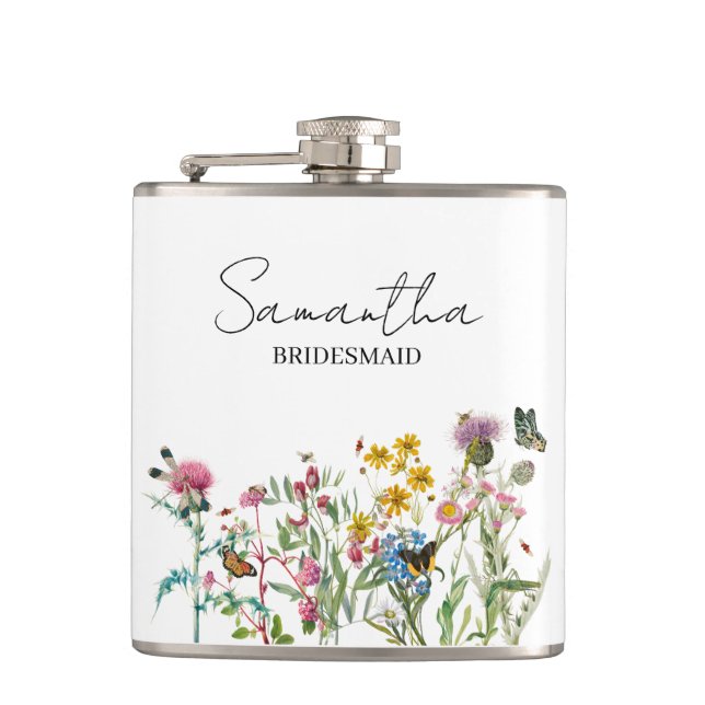 Personalized Bridesmaid Wildflowers Wedding Hip Flask (Front)