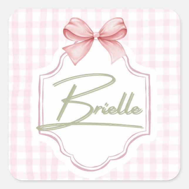 Personalized Brielle Baby Girl Nursery Bow&Gingham Square Sticker (Front)
