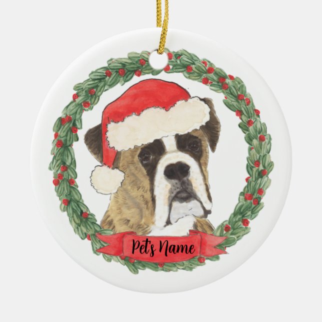 Personalized Brindle Boxer Christmas Ceramic Ornament (Front)