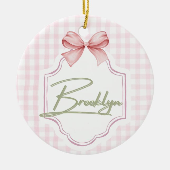 Personalized Brooklyn Baby Girl Nursery BowGingham Ceramic Ornament (Front)