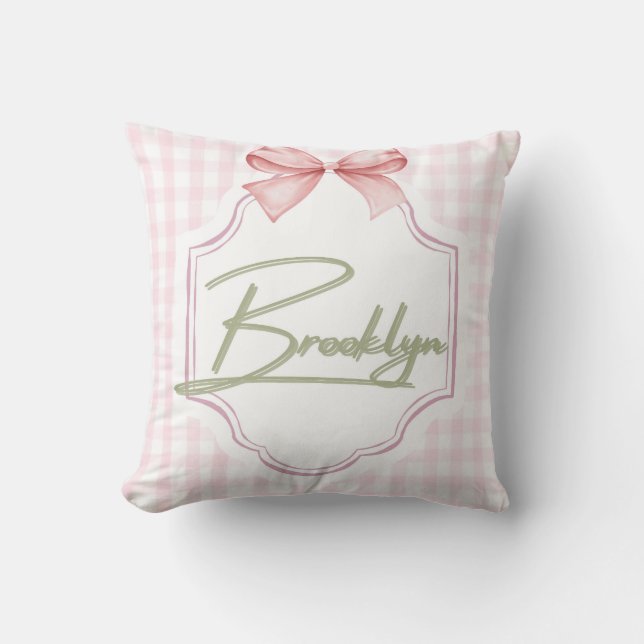 Personalized Brooklyn Baby Girl Nursery BowGingham Cushion (Front)