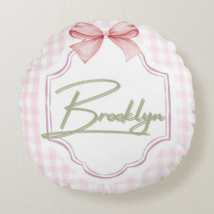 Personalized Brooklyn Baby Girl Nursery BowGingham Round Cushion