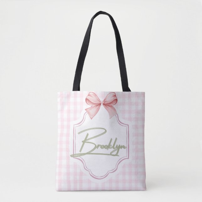 Personalized Brooklyn Baby Girl Nursery BowGingham Tote Bag (Front)