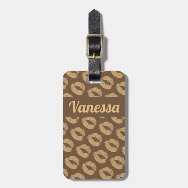 Personalized Brown Gold Glitter Lips Elegant Luggage Tag (Front Vertical)