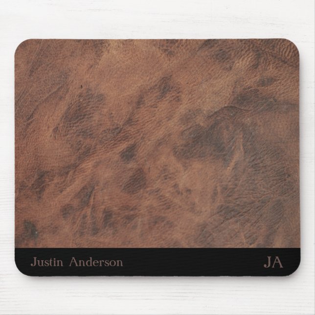 Personalized Brown Leather Mouse Mat with Initials (Front)