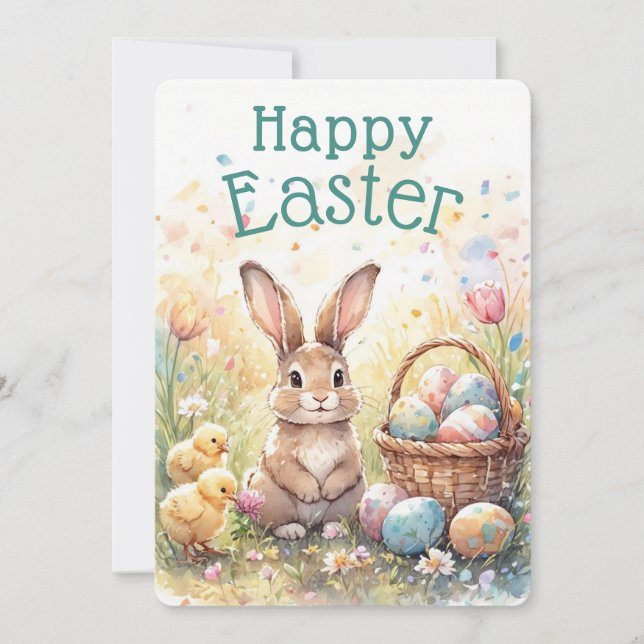 Personalized Bunny Chicks And Easter Eggs Holiday Card (Front)