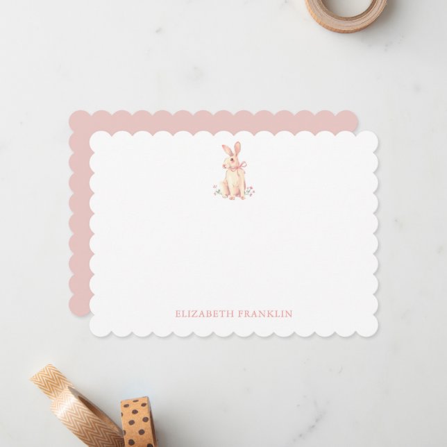 Personalized Bunny Pink Watercolor Bow Card (Front/Back In Situ)