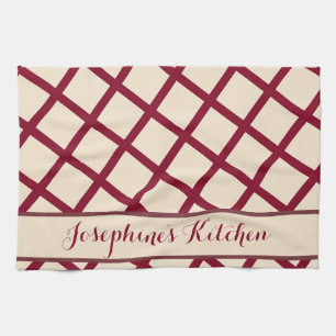 Personalized Burgundy Cream Lattice Elegant Chic Tea Towel