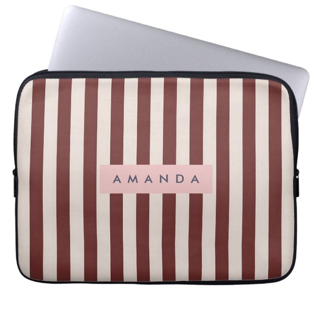 Personalized Burgundy & Ivory Stripe Laptop Sleeve (Front)