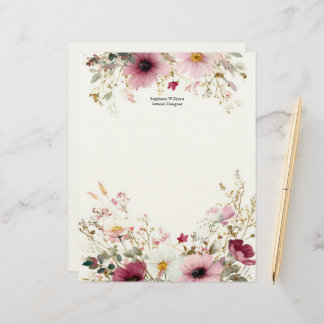 Personalized Burgundy Pink Wildflowers Florals  Custom Letterhead